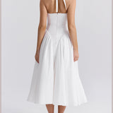 Pleated Stitching Deep V Neck Halter Waist Plain Midi Dresses