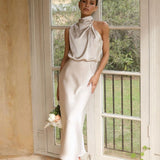Curve Satin Ruched Halter Neck Maxi Dress In Orchid
