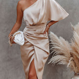 One Shoulder Midi Dress: Drape Asymmetric