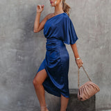 One Shoulder Midi Dress: Drape Asymmetric