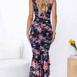 Sweetheart Neck Strap Printed Pleated Mesh Maxi Dress