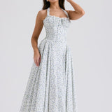 White Halter Backless Dress with Bluebell Floral Print