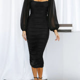 Mesh Pleated Long-Sleeve Midi Dress