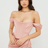 Cap Shoulder Corset Bodycon Midi Dress - Nude Pink