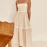Contrast Color Trim Adjustable Straps Midi Dress