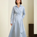 French Blue Belted Shirt Midi Dress