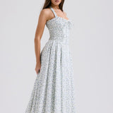 White Halter Backless Dress with Bluebell Floral Print