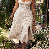 Rose Print Herringbone Slip Dress