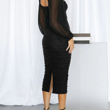 Mesh Pleated Long-Sleeve Midi Dress