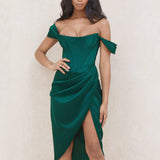 Cap Shoulder Corset Bodycon Midi Dress - Dark Green