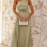 Pleated One-Shoulder Cut-Out Waist Gown