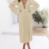 Mountain Vistas Draped Pleated Bell-Sleeve Midi Dress