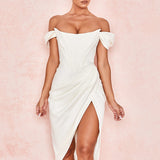 Cap Shoulder Corset Bodycon Midi Dress - White