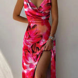 Elegant Unique Printed Spaghetti Strap Pleated Leg Slit Dress