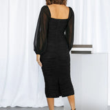 Mesh Pleated Long-Sleeve Midi Dress
