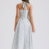 White Halter Backless Dress with Bluebell Floral Print