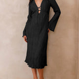 Mountain Vistas Draped Pleated Bell-Sleeve Midi Dress