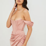 Cap Shoulder Corset Bodycon Midi Dress - Nude Pink