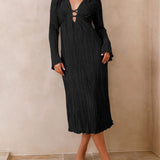Mountain Vistas Draped Pleated Bell-Sleeve Midi Dress