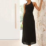 Casual Solid Color Sleeveless Backless Halter Midi Dress