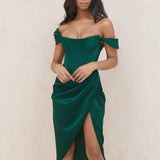 Cap Shoulder Corset Bodycon Midi Dress - Dark Green