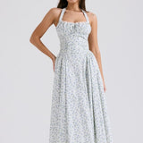 White Halter Backless Dress with Bluebell Floral Print