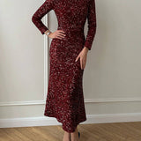 Sequin Decorated Velvet Midi Dress In Red