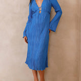 Mountain Vistas Draped Pleated Bell-Sleeve Midi Dress