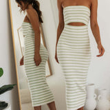 Stripe Cutout Rib Midi Tube Dress