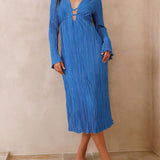 Mountain Vistas Draped Pleated Bell-Sleeve Midi Dress
