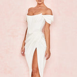 Cap Shoulder Corset Bodycon Midi Dress - White