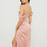 Cap Shoulder Corset Bodycon Midi Dress - Nude Pink