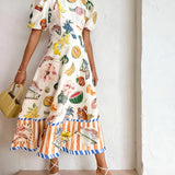 Fashion Graffiti Print Slim Fit Versatile Maxi Dress
