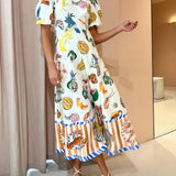 Fashion Graffiti Print Slim Fit Versatile Maxi Dress
