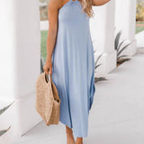 Halter Light Blue Midi Dress with Pocket