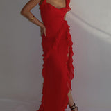 Red Chiffon Frill Slip Maxi Dress