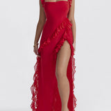Red Chiffon Frill Slip Maxi Dress