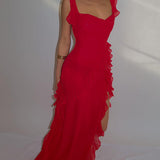 Red Chiffon Frill Slip Maxi Dress