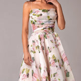 Strapless Sleeveless Printed Swing Midi Dress