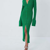 V-Neck Long Bell Sleeve Sweater Maxi Dress
