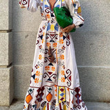 Holiday Style Lantern Sleeve Printed Long Dress