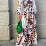 Holiday Style Lantern Sleeve Printed Long Dress