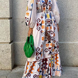 Holiday Style Lantern Sleeve Printed Long Dress