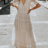V-Neck Short-Sleeve Lace Maxi Dress