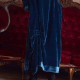 Draped Neck Ruched Velvet Midi Dress