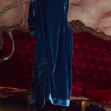 Draped Neck Ruched Velvet Midi Dress