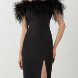 One Shoulder Feather Midi Dress