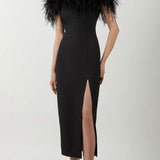 One Shoulder Feather Midi Dress