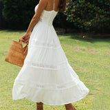 Solid Color Lace Suspender Midi Dress