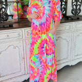 Tie-dye positioning casual V-neck pullover skirt short-sleeved long skirt